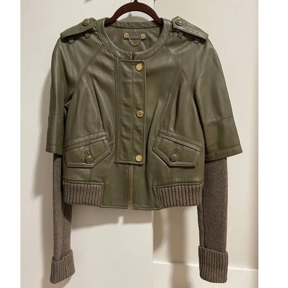TORY BURCH Green Lambskin & Sweater-Sleeved Biker Jacket Sz XS - Picture 2 of 12